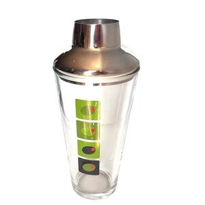 MCM Kitsch VTG Glass Olive Graphics Chrome Cocktail Shaker Martini Mixer**READ